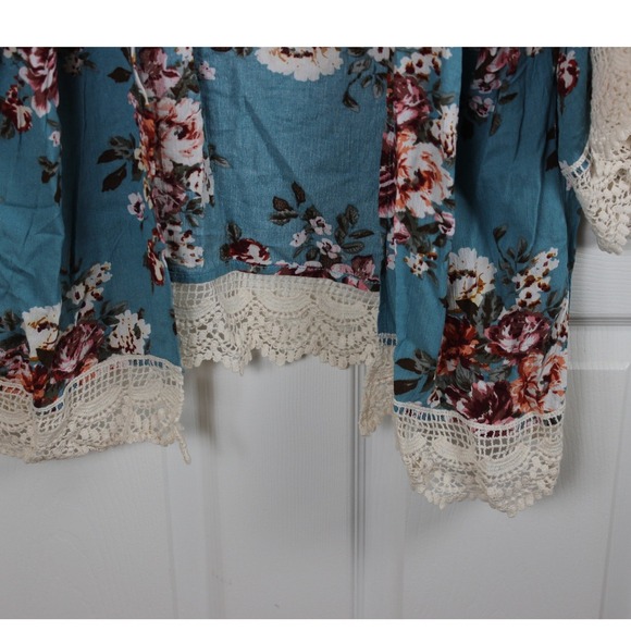 Umgee Teal Floral Lace Kimono Cardigan Boho Bohemian Lightweight Duster Size M - Picture 3 of 4